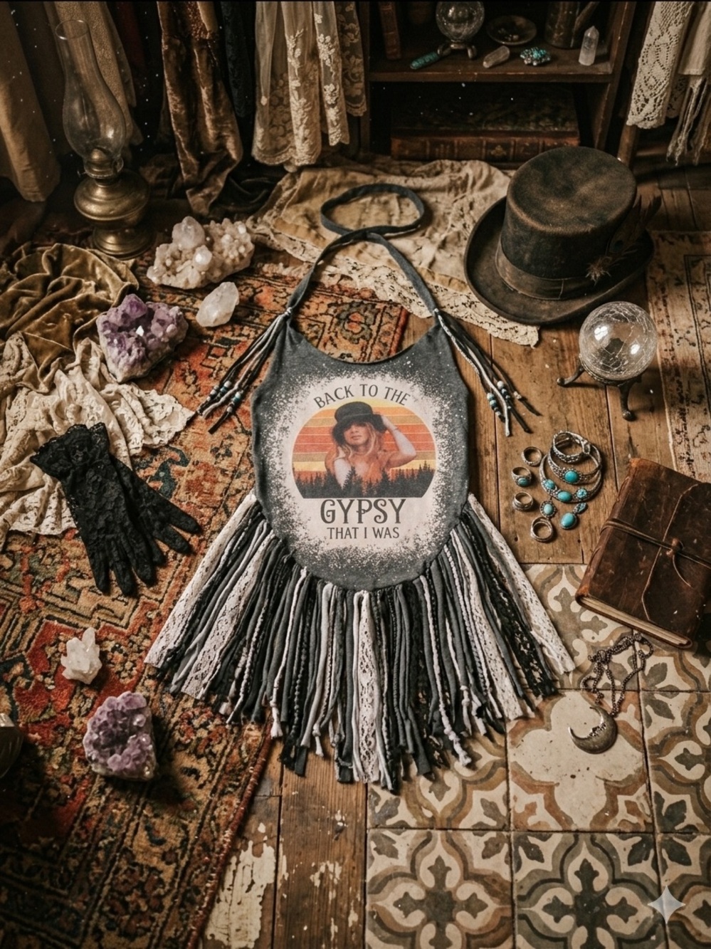 Boho Fringe Crossbody Bag - Back to the Gypsy Graphic - Gray
